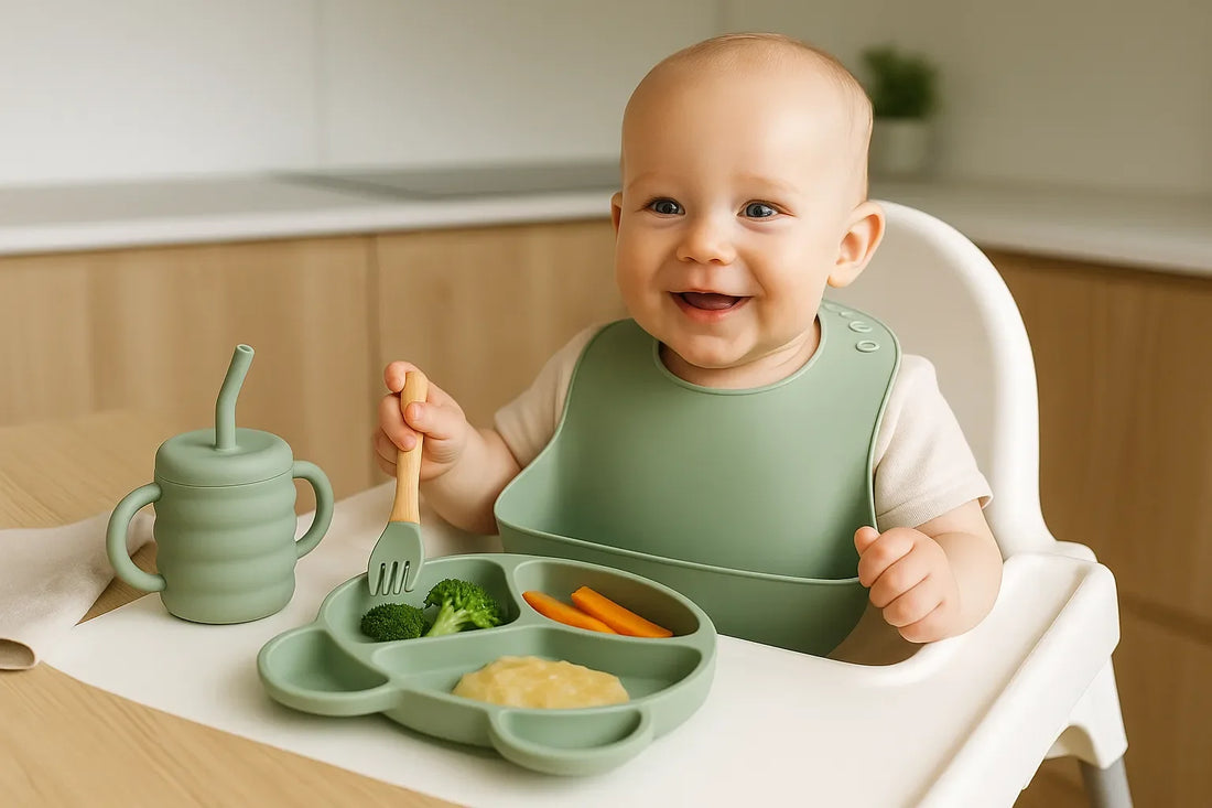 Bébé souriant avec set repas en silicone vert pastel : assiette compartimentée, tasse d’apprentissage et fourchette en bois.