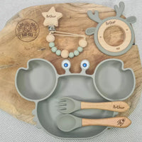 Coffret bébé prénom avec assiette crabe vert