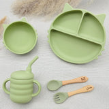Coffret repas bébé personnalisé vert clair, assiette chat et accessoires en silicone, idée cadeau naissance