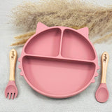 Set repas bébé rose gravé au prénom avec assiette compartimentée et couverts. Cadeau personnalisé fille.